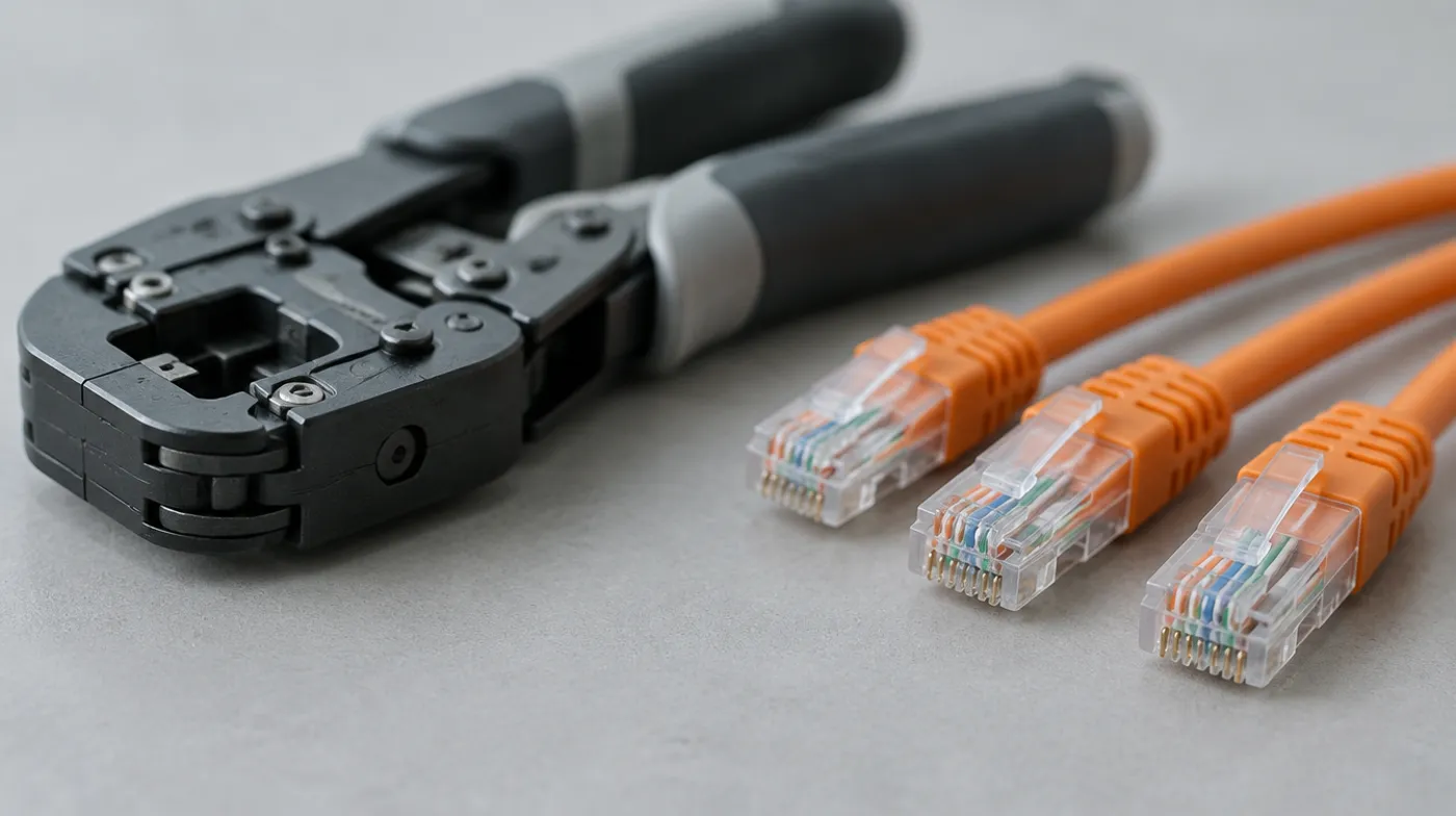 A crimping tool next to three freshly crimped RJ45 connectors on orange ethernet cable.